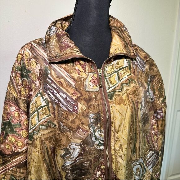 OutBrook Vintage Brown Silk Bomber Jacket with Abstract Design - Picture 5 of 8